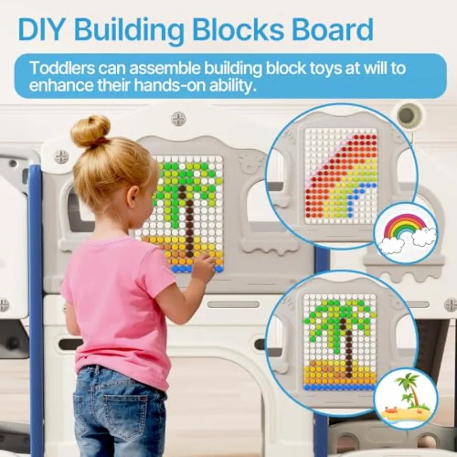 Indoor outdoor toddler playset for ages 1-3: slide colorful lights drawing board building blocks board all-in-one activity set