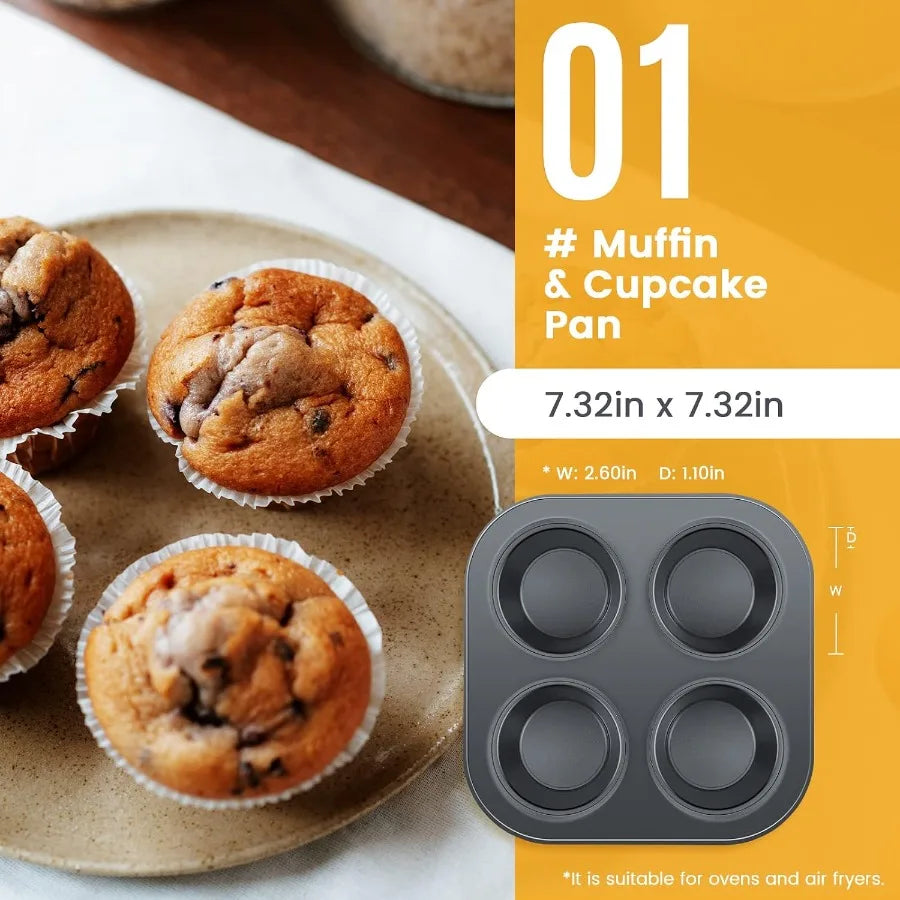 5-Piece Nonstick Bakeware Set with Cake Pan, Muffin Pan, Loaf Pan, Square Pan and Pizza Pan – Carbon Steel, Oven-Safe to 446°F, Dishwasher Safe