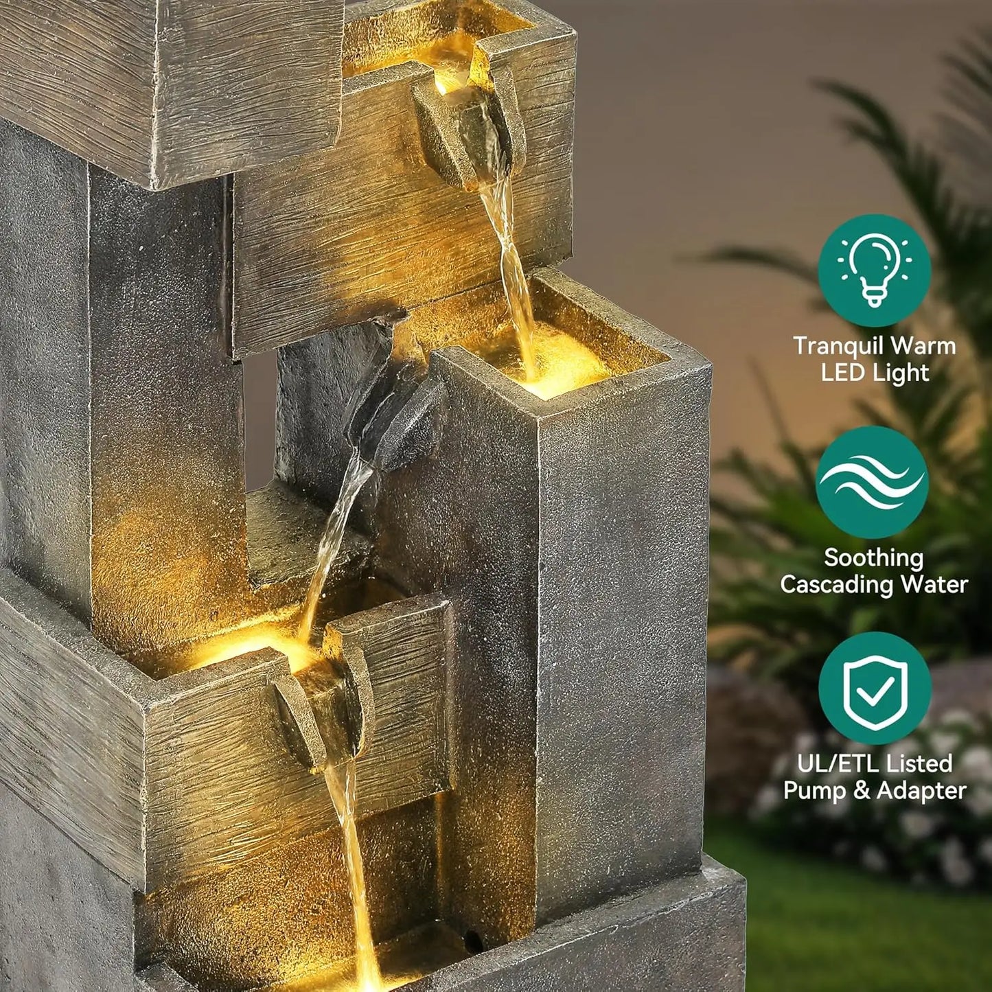 32.5" Modern Outdoor Water Fountain with LED Lights, 5-Tier Stacked Blocks for Garden, Patio, Backyard Relaxation