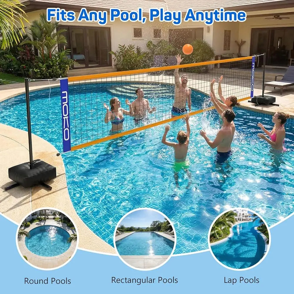 Pool Volleyball Net, Swimming Pool Volleyballs Set with Adjustable Length 15-25FT, Water Volleyball Stand with Two 25L Dual