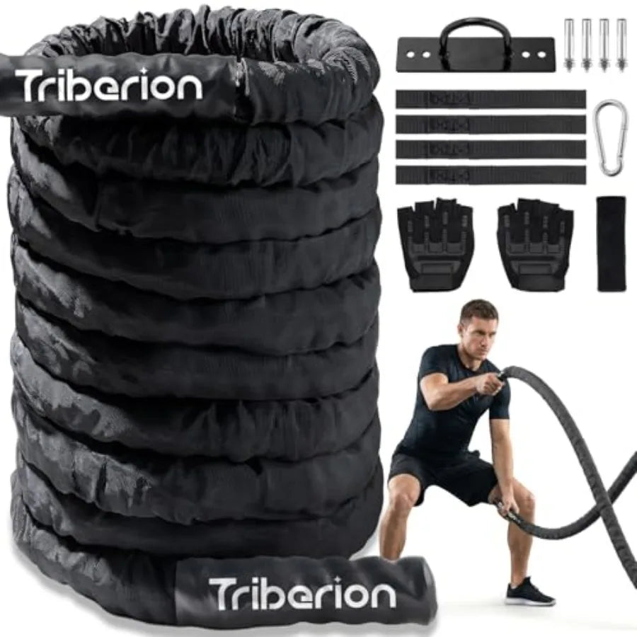 Battle Rope for Home Gym Workout - Heavy Weighted Training Eercise Ropes Fitness Equipment with Sleeve and Anchor Strap Kit for