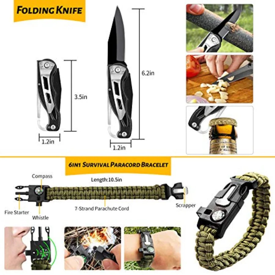 Emergency Survival Gear Kits 60 in 1 Outdoor Survival Tool with Emergency Bracelet Whistle Flashlight Pliers Pen Wire Saw for C