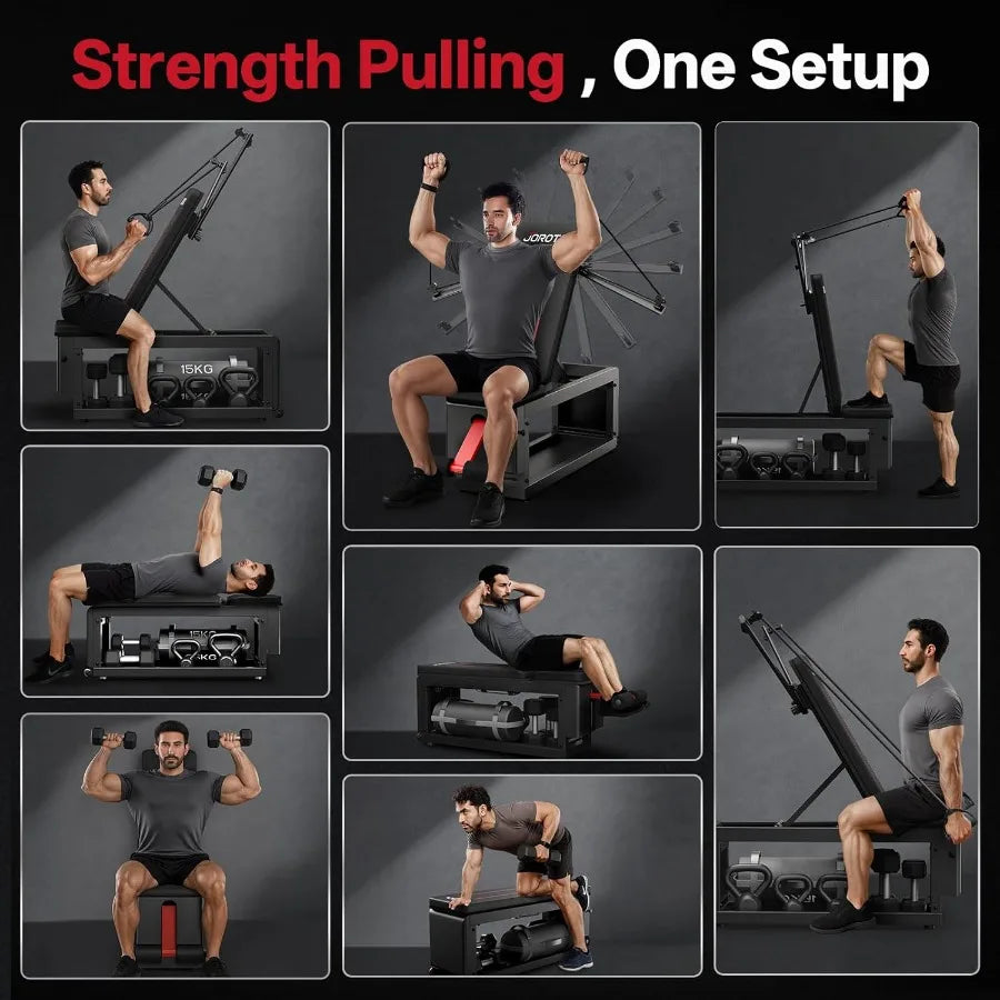 Adjustable Flat Workout Bench with Cable Fly Machine for Home Gym 990 lb Capacity Steel Frame Black Built-in Storage Ideal for