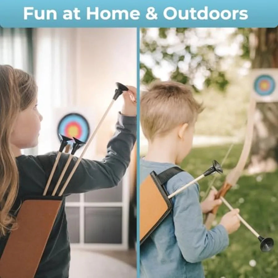 Bow and Arrow Set for Ages 4-8: Wooden Bow, Rainbow-Colored Arrows with Suction Cups, Includes Wooden Target and Fabric Quiver