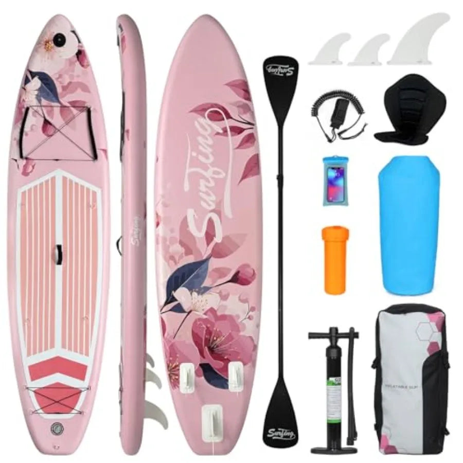 11' Inflatable Stand Up Paddle Board with Kayak Seat Non-Slip Deck in Blue for Youth Adult Portable Standing Boat with Premium