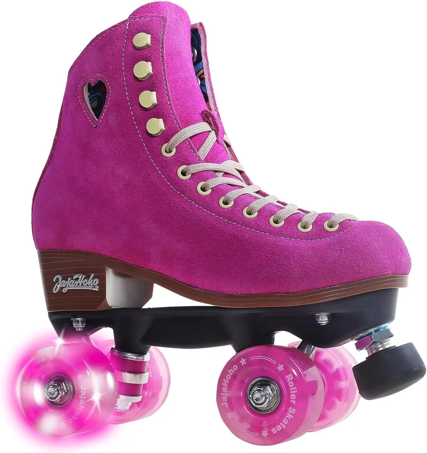 Fuchsia Quad Roller Skates for Women and Girls, High-Top Suede Leather, LED Light-Up Wheels, Indoor Outdoor Use