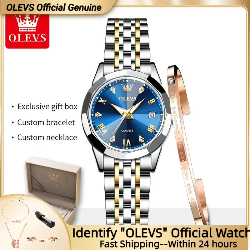 OLEVS 9931 Quartz Women Watch Original Stainless Steel Dual Calendar Luxury Top Brand Waterproof Ladies Watches Jewelry Set Hot