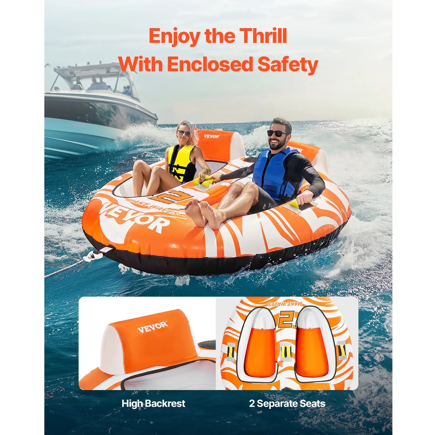 SucceBuy Towable Tubes for Boating 2Person Inflatable Boat Tubes 340lbs Water Sport Tubes for Boat to Pull-with 840D Full Nylon