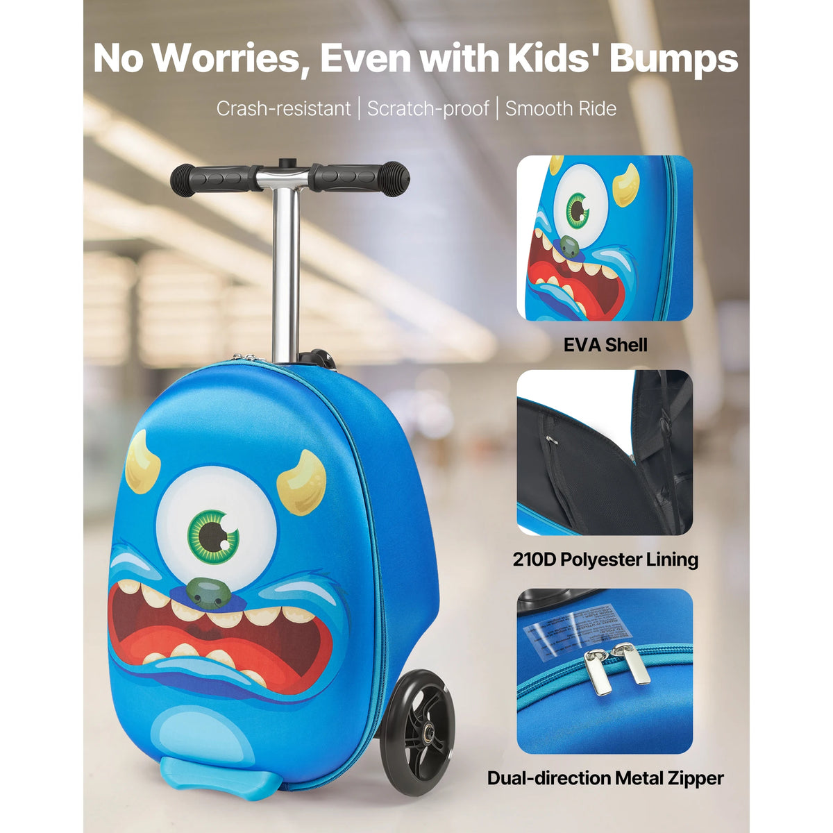SucceBuy 20in Ride-on Luggage 20L Kids Scooter Suitcase with Flash PU Wheels & Adjustable Handle Foldable Luggage for Children