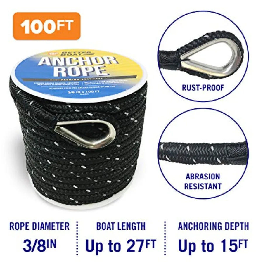 Premium Anchor Rope 100 Feet Double Braided Nylon Marine Line Reflective 3/8 Inch Reel for Anchors and Boats