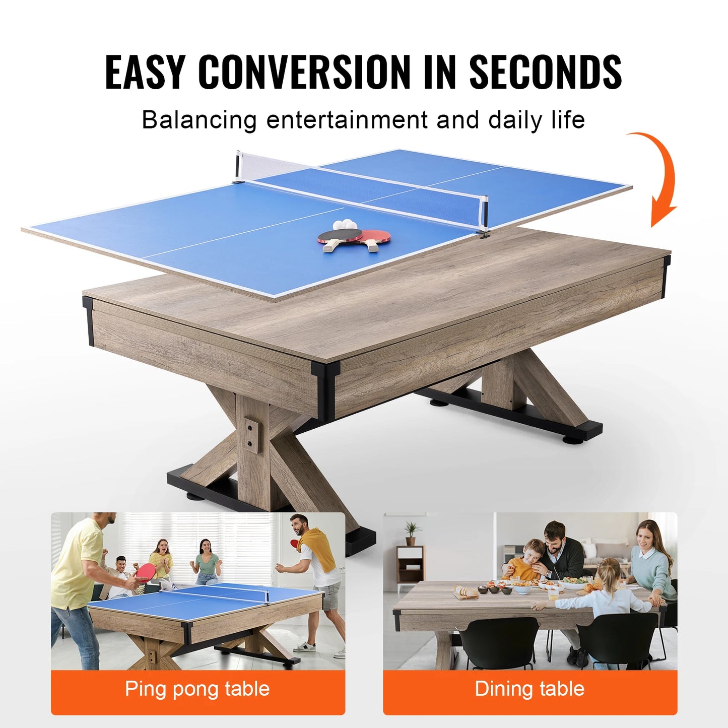 VEVOR 7ft 3-in-1 Billiards Table Combo Set Multi Game Table with Dining Pool and Tennis Table Includes Full Set of Accessories