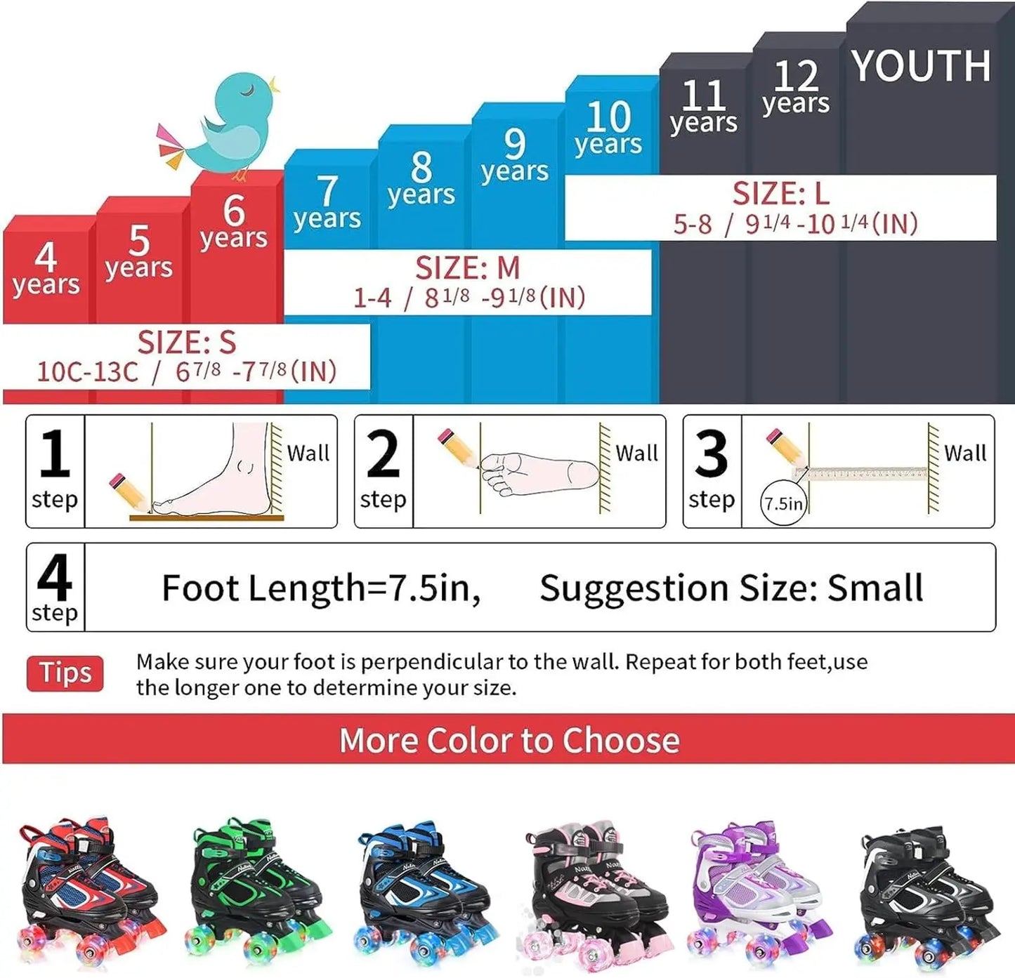 Adjustable Kids Roller Skates with Light-Up Wheels, 4 Sizes for Boys Girls Beginners Indoor Outdoor Fun