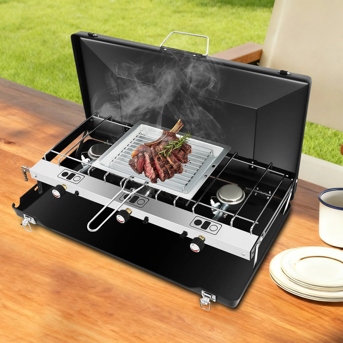 3-Burner Camping Stove Foldable, Portable Gas Grill with 4.5kW Total Power, Piezo Ignition and Windscreen Lid for Outdoor Cooking