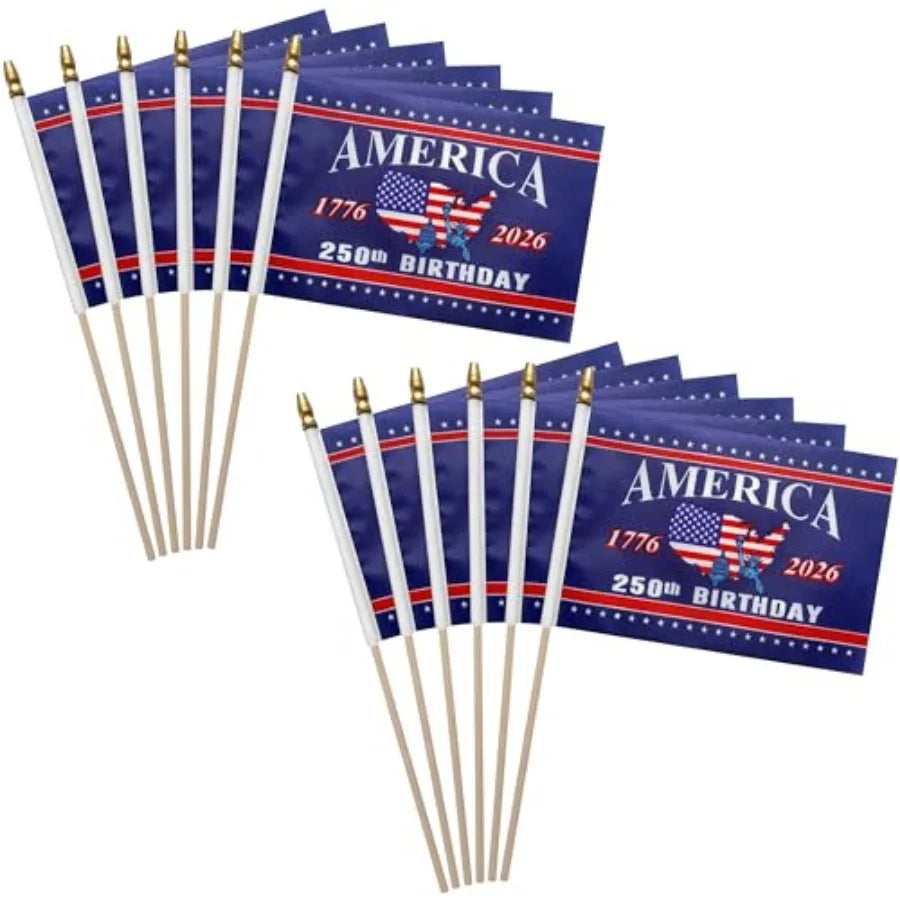 12 Pack 250th Anniversary USA Flag 250 Years of Birthday Small American Handheld Flags on Stick, 4th of July Outside Decoration