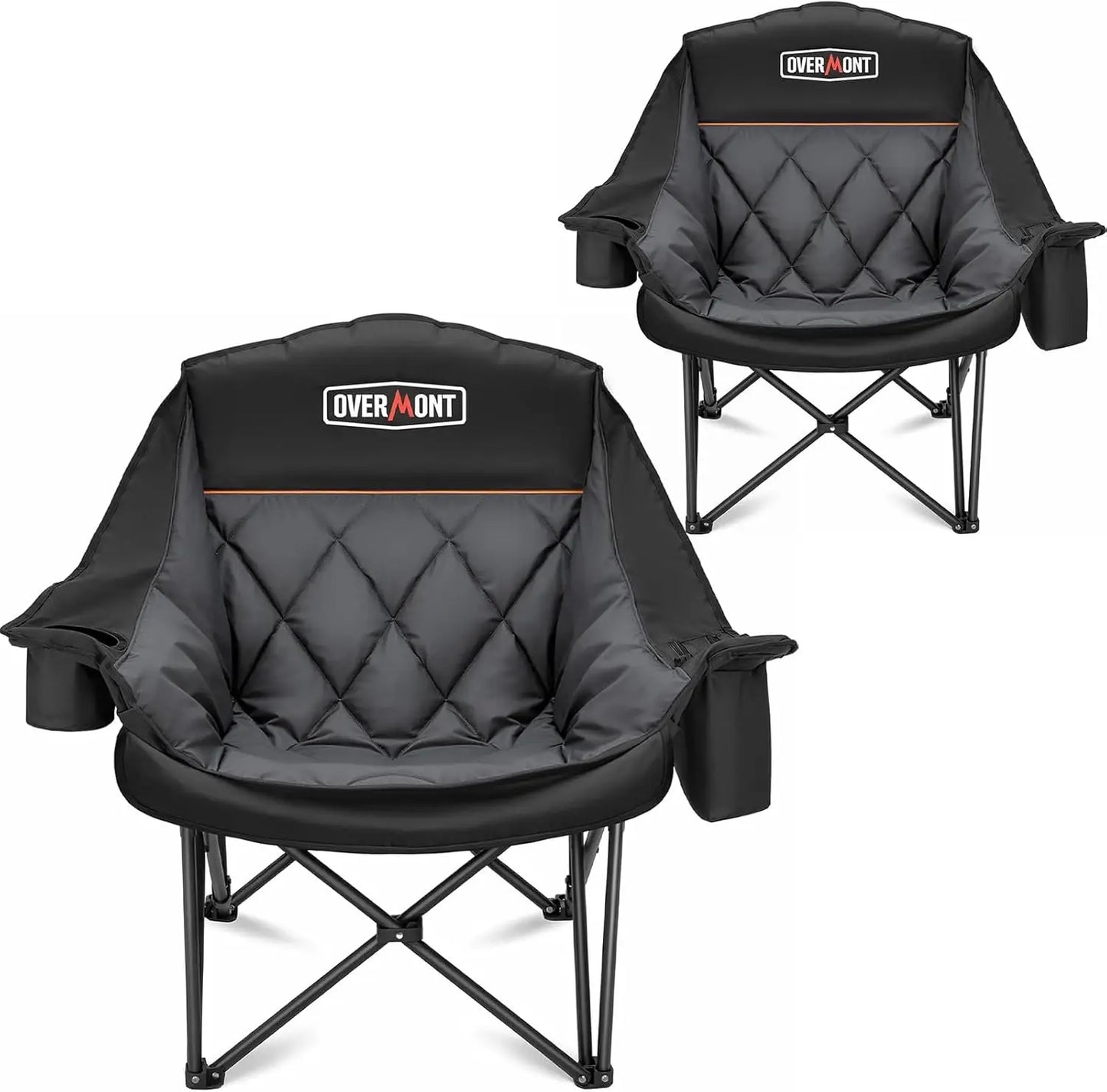 Oversized XL Camping Chair for Adults - 400lbs Heavy-Duty Padded Folding Chair with Cup Holder, Cooling Bag, Side Pocket, for Outdoor Garden Beach Fishing Lawn, Black 2pcs