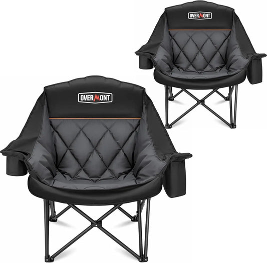 Oversized XL Camping Chair for Adults - 400lbs Heavy-Duty Padded Folding Chair with Cup Holder, Cooling Bag, Side Pocket, for Outdoor Garden Beach Fishing Lawn, Black 2pcs