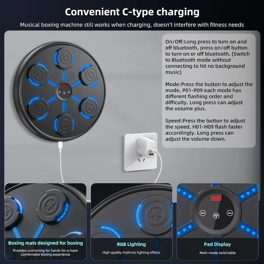 Second Generation WallMounted Music Boxing Machine with Integrated Gloves for Adults: Smart Bluetooth Music Syncing Indoor Gym