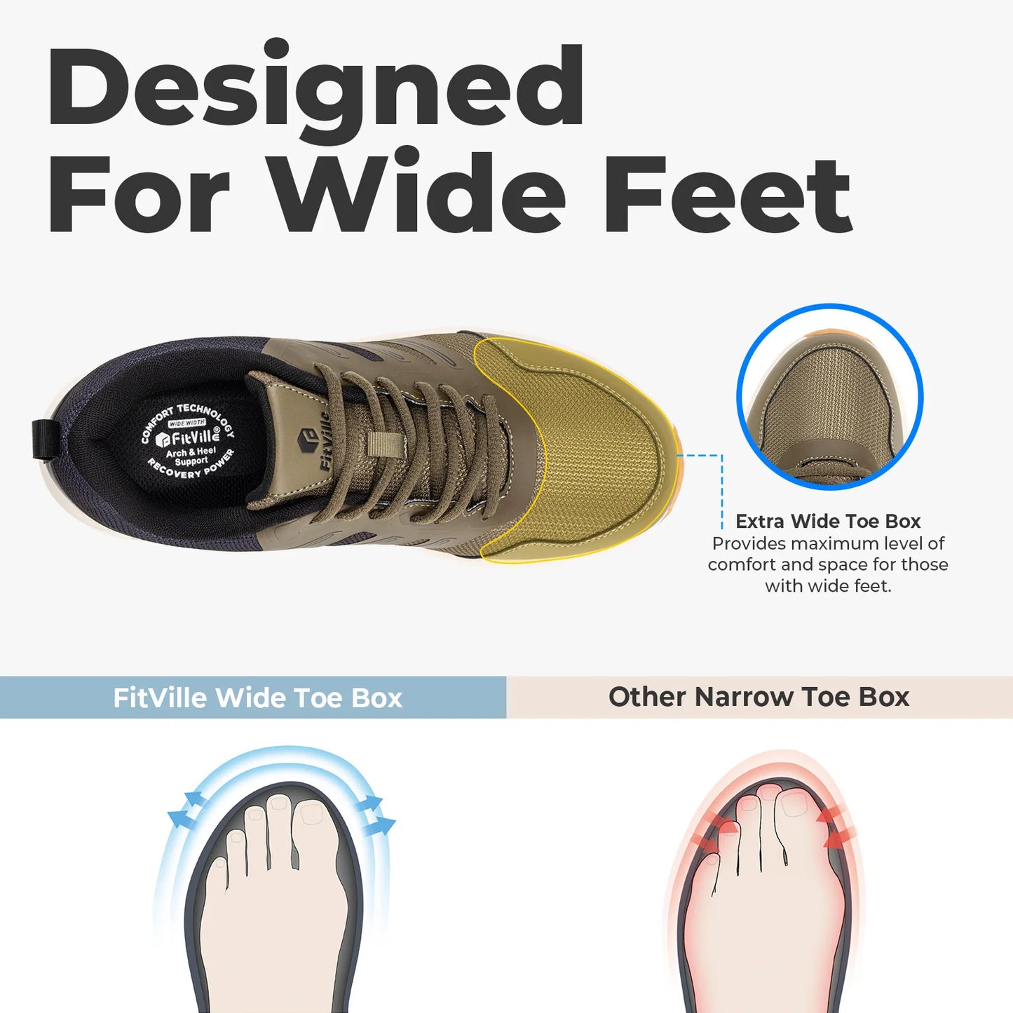 Fitville Trail Running Shoes Wide Toe Men's Sneakers Non-slip Wear Resistant Sport Shoes for Heel Pain Plantar Fasciitis Relief