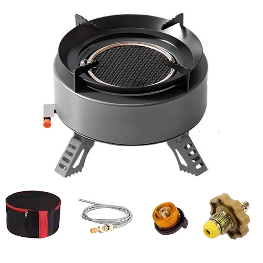 Portable outdoor burner cooking stove, camping backpack stove, with fuel canister adapter and piezoelectric igniter.