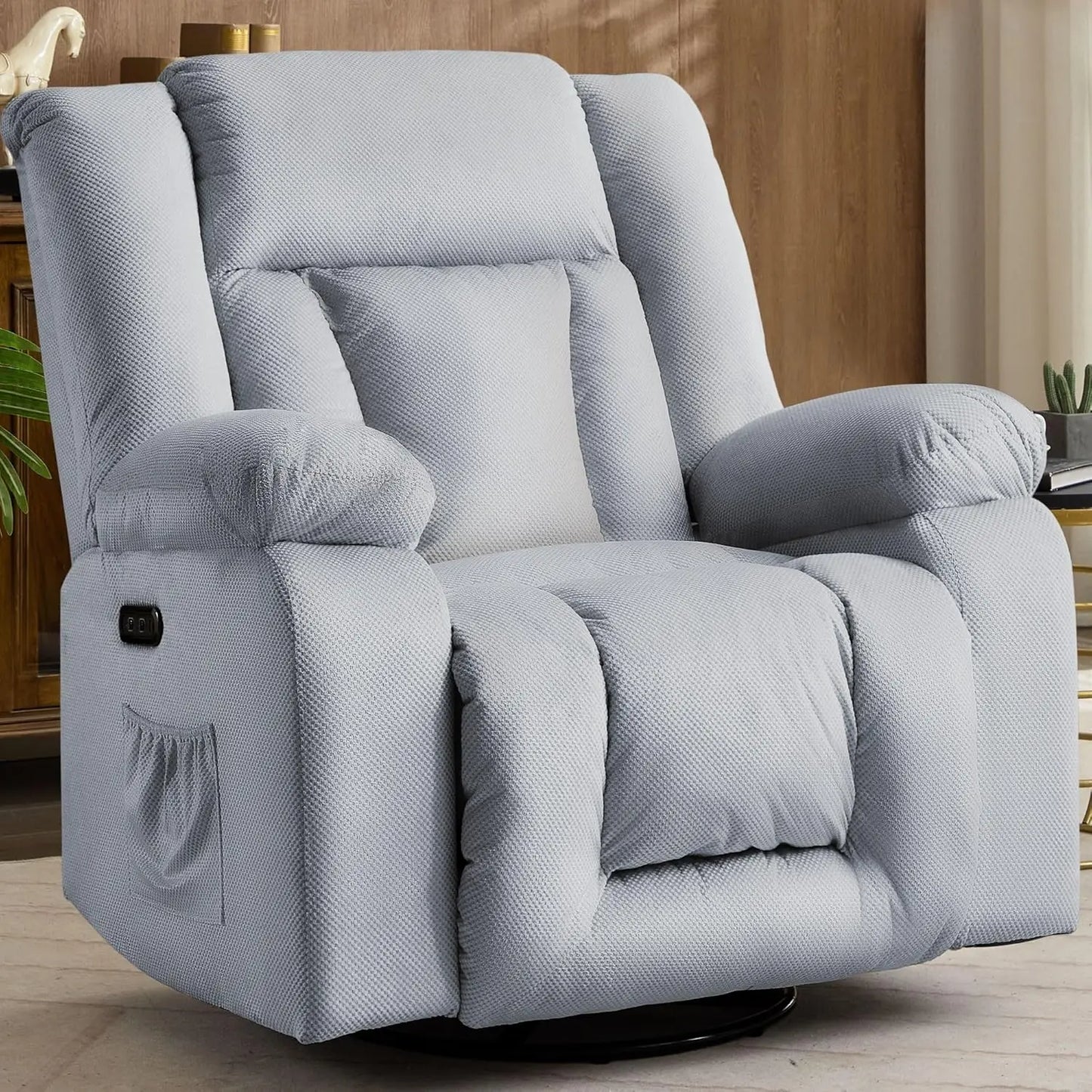 Oversized Power Recliner Chair,Electric Glider Reclining with Massage and Heating,Waffle Fabric Rocker Recliner with Side Pocket