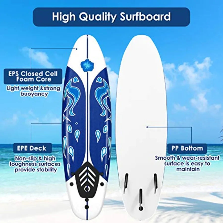 6 Ft Stand Up Surfing Board with 3 Detachable Fins Safety Leash Non-Slip Lightweight Foam for Teenager Adults Blue