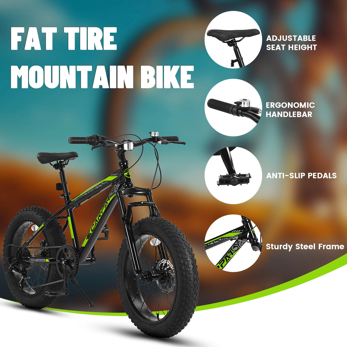 20 Inch Fat Tire Kids Mountain Bike, 4.0" Wide Non-Slip Fat Tires, 7-Speed Disc Brake, Boys Girls Outdoor Kids' Bicycles Gift