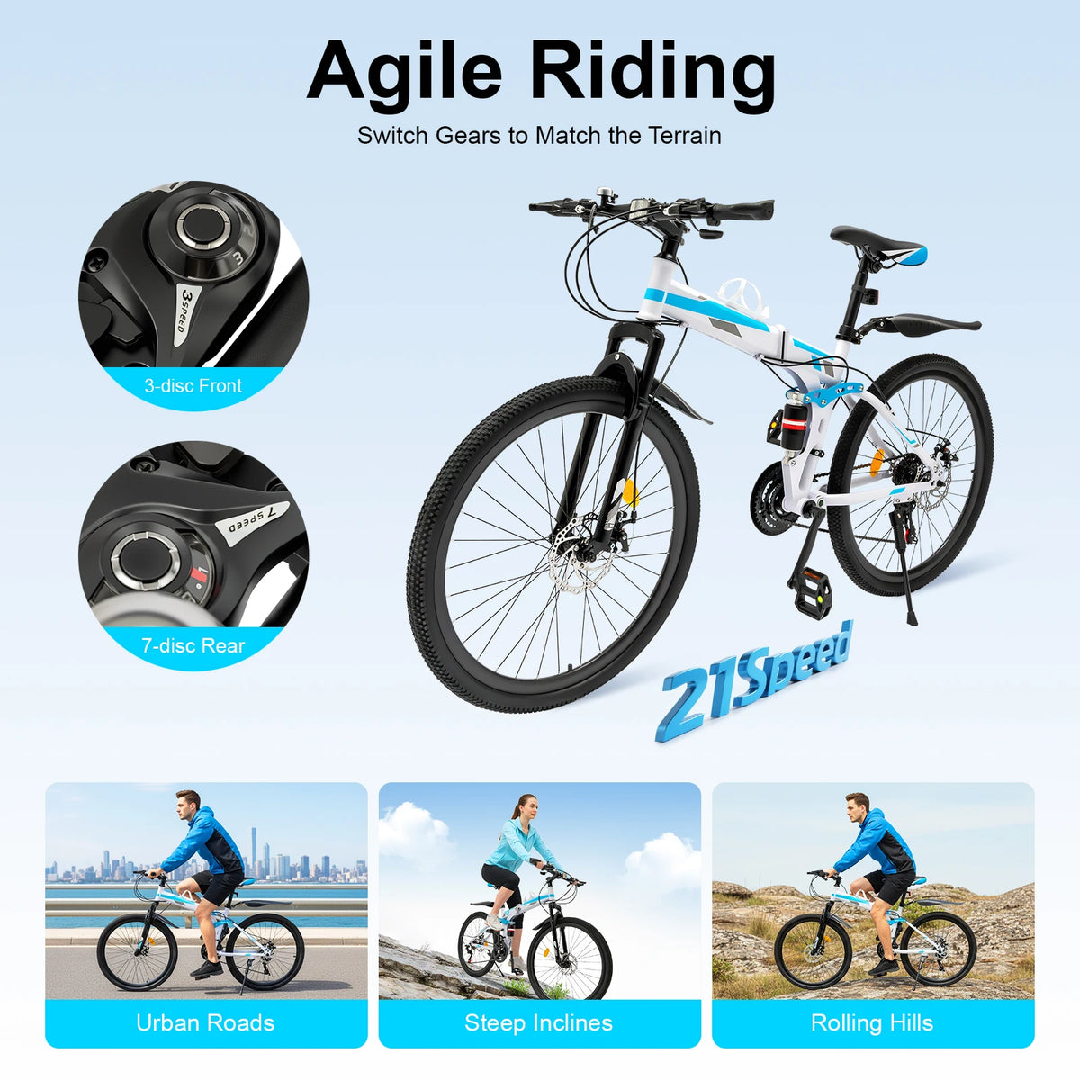 Mountain Bike, Folding Bicycle, Foldable Mountain Bike, 26 Inch 21 Speed High Carbon Steel, Double Disc Brake, Blue White, Easy Assembly, Shock Absorber, Anti-Rust Durable Frame, Outdoor Off-Road Commuter, Compact Storage, Me
