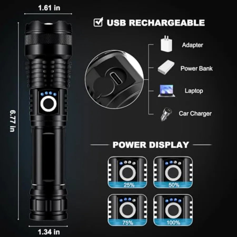 4 Pack Rechargeable LED Flashlights High Lumens, 99, 000LM Super Bright Flashlight, Adjustable Powerful Flash Light with USB Ca