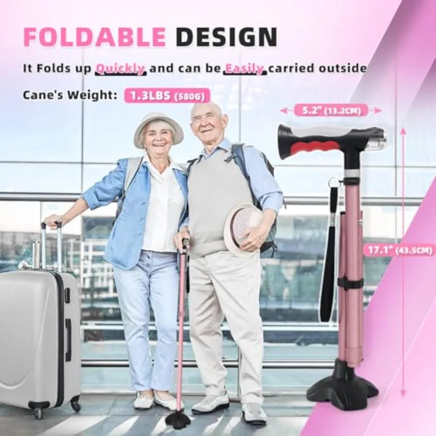 Folding Walking Cane with Two Led Lights for Elderly Solid Base Adjustable Walking Stick with Carrying Bag for Men Women