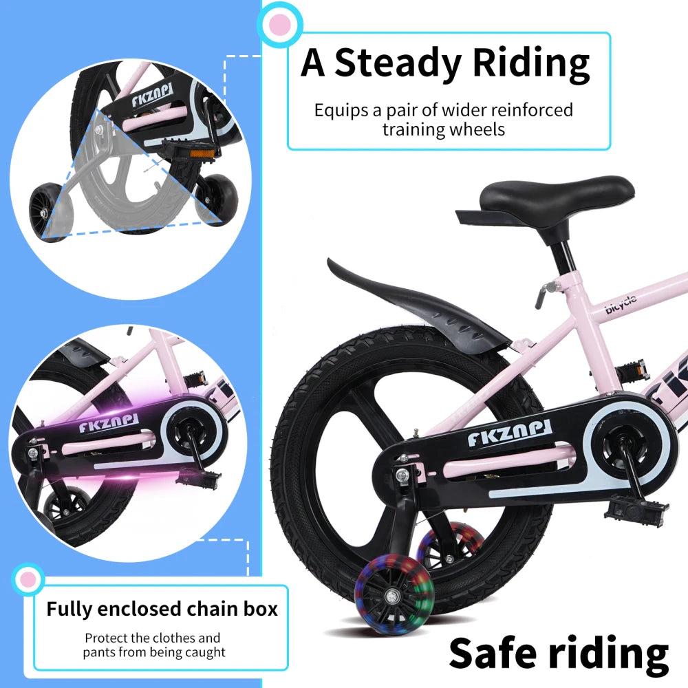 Ye FKZNPJ 16-Inch Kids Bike - High Carbon Steel Frame, Magnesium Alloy Wheels, Night Glow Training Wheels, Adjustable Seat, Water Bottle - Bicycle for Girls & Boys Ages 3 - 9, Toddler Bike