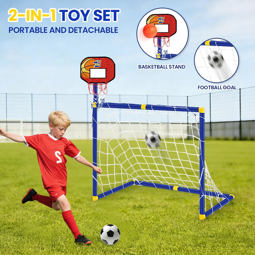 Children's Basketball Stand and Football Goal 2 in 1 Toy Portable Detachable Soccer Sports Outdoor Toys for Kids Birthday Gifts