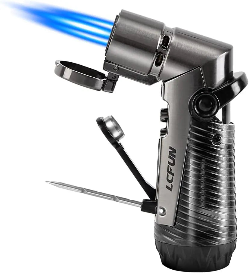 Windproof Triple Jet Flame Butane Lighter with Punch and Draw Enhancer, Refillable for Camping Hunting Gifts - No Butane