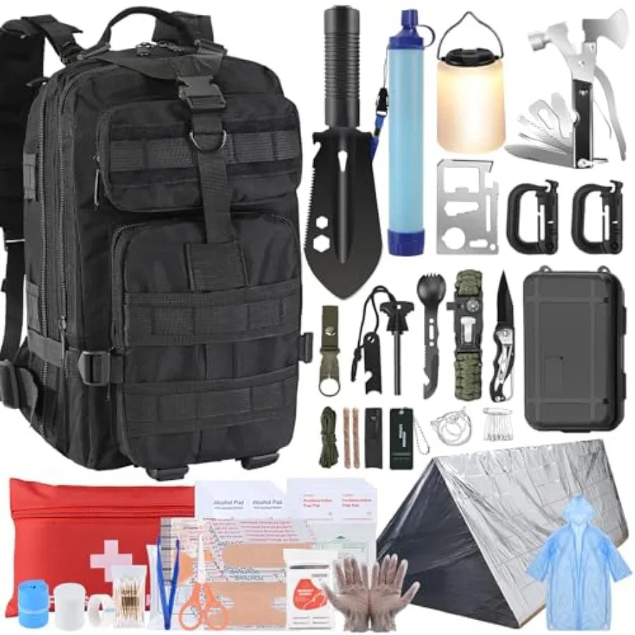 Survival Kit, Survival Gear and Equipment 258 PCS with Water Filter, Emergency Tent, LED Lantern, First Aid Kit Supplies, 25L B