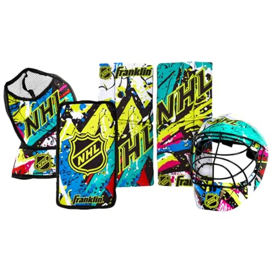 NHL Youth Knee Hockey Goalie Pads + Helmet Set - Knee + Mini Hockey Goalie Gear + Equipment - 2 Leg Pads Catch Glove Blocker +