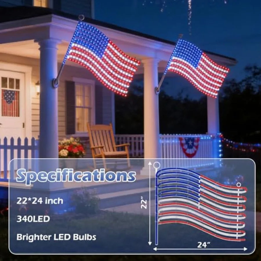 LED American Flag Lights for Wall Pole Light Up US Flags 24"x21.65" Lighted Flag with 340 LEDs Red Blue White Colors Waterproof