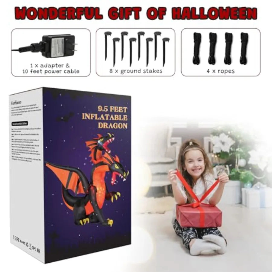 Halloween outdoor decoration: inflatable double-headed dragon, PVC material, green and red, weather-resistant with built-in bri