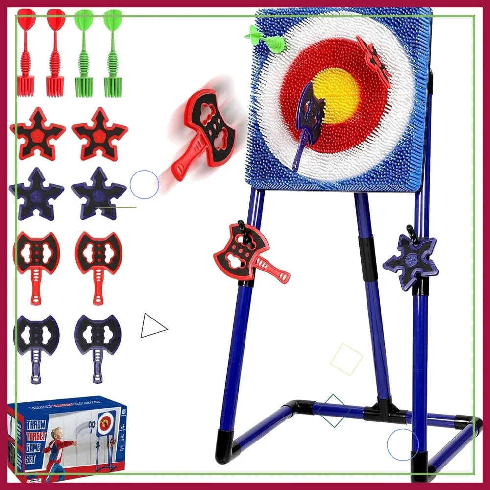 Axe Throwing Bristle Target Set with 4 Axes, 4 Ninja Stars, 4 Darts, Indoor Outdoor Backyard Game