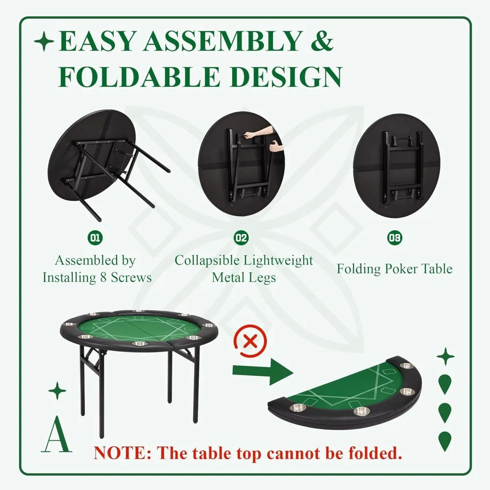 8 Players Poker Table Foldable, Round Casino Texas Holdem Table with Stainless Steel Cup Holders & Faux Leather Padded