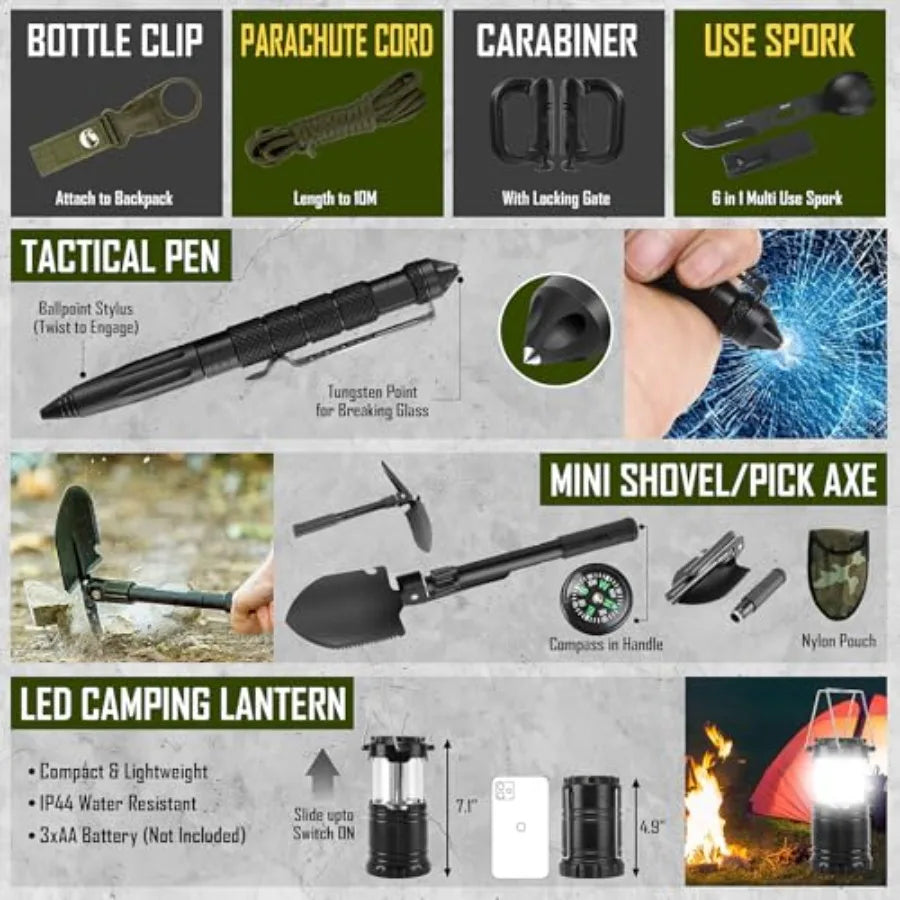 Survival Kit, 268 Pcs Emergency Survival Gear and Equipment plies with First Aid Kit, Camping Axe, Headlamp, Crossbody Bag for