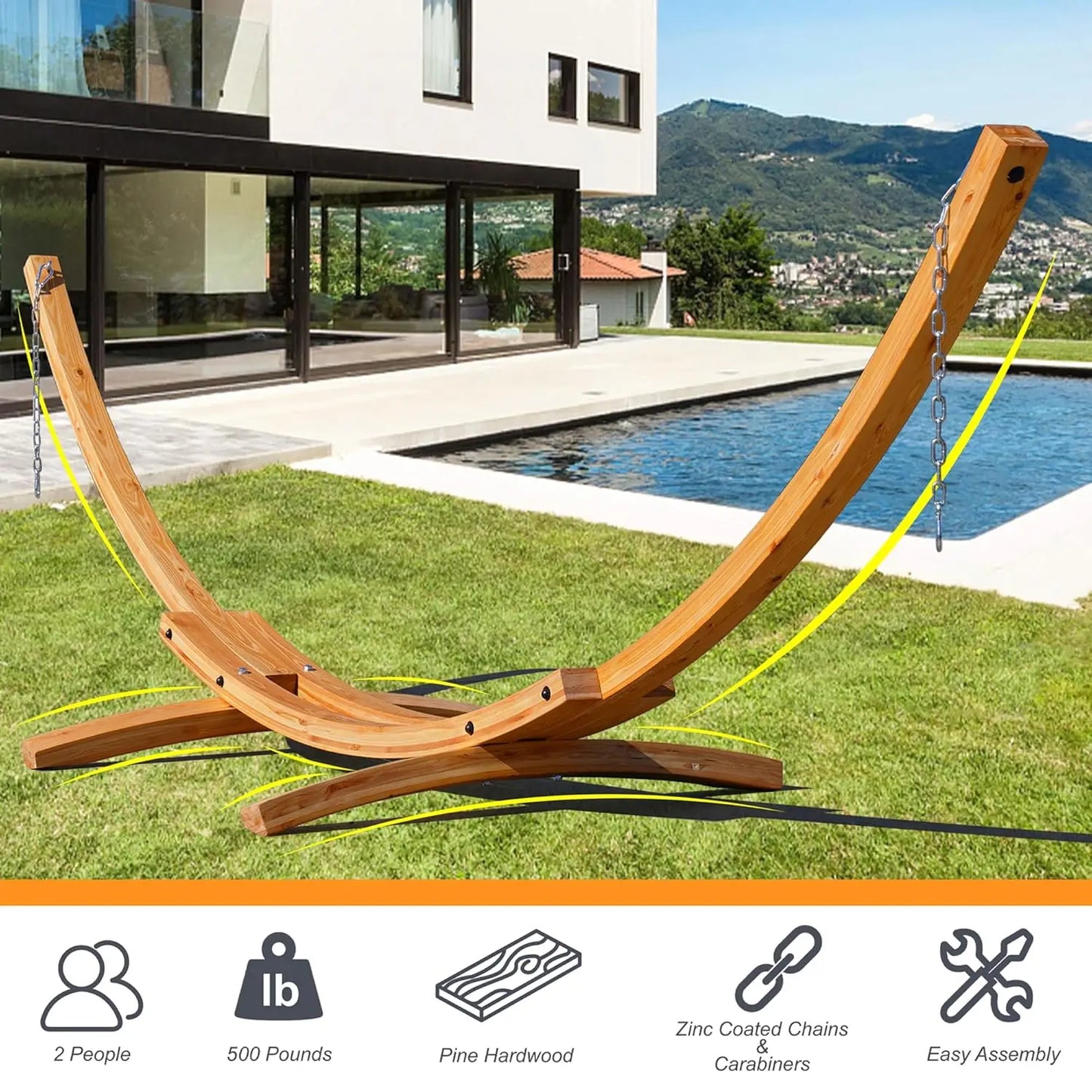 13 FT Outdoor Arc Wood Hammock Stand, 2 Person Hard Pine Wood Hammock Stand with Carabiners and Chains for Outdoor, Customized