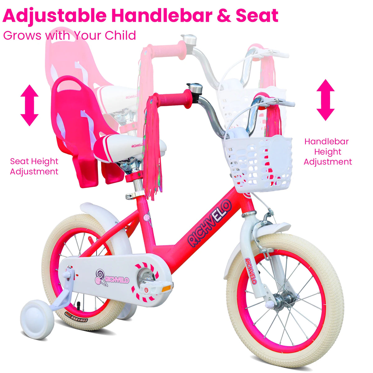 Kids Bike for Girls Ages 2-7 Years Old, 12 14 16 Inch Kids Bicycle with Training Wheels, Doll Seat, Streamers and Basket, Toddler Girl Bicycle with Coaster Brake and C-Brake, Birthday Gift