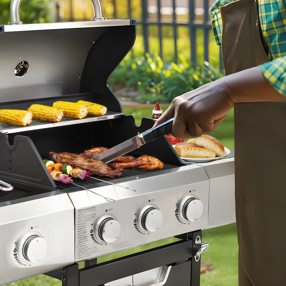 3-Burner Propane Gas Grill with Sear Burner and Side Burner, Stainless Steel BBQ Grill with 376 Sq. In. Grilling Area for Outdoor Barbecue Cooking, 40,500 BTUs Sliver