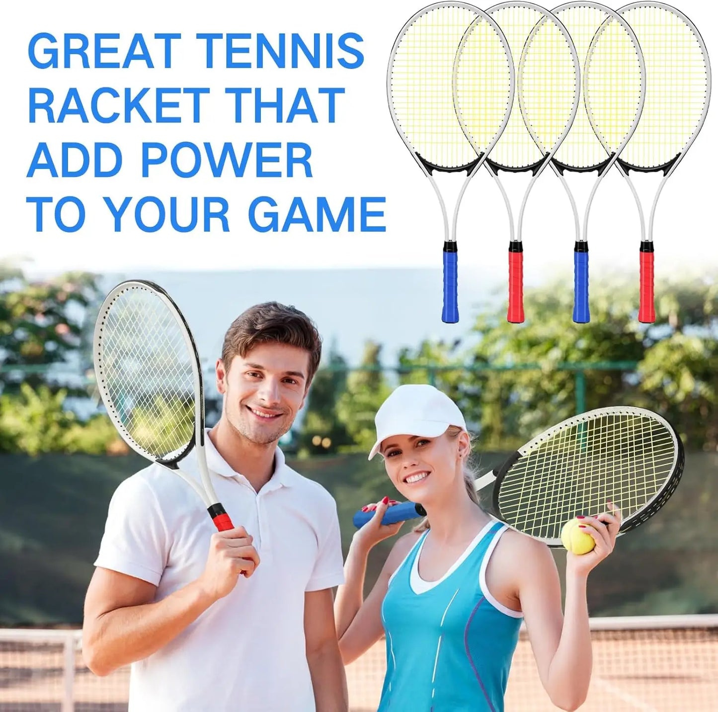 4 Adult Tennis Rackets with Balls, Lightweight 27" Racquet for Training Beginners, Includes Bag