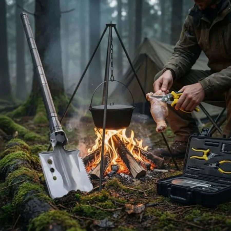 Folding Camping Shovel Axe Kit Multifunctional Survival Shovel with Stainl Steel Pickaxe pliers, Compass Locking scissors Magne