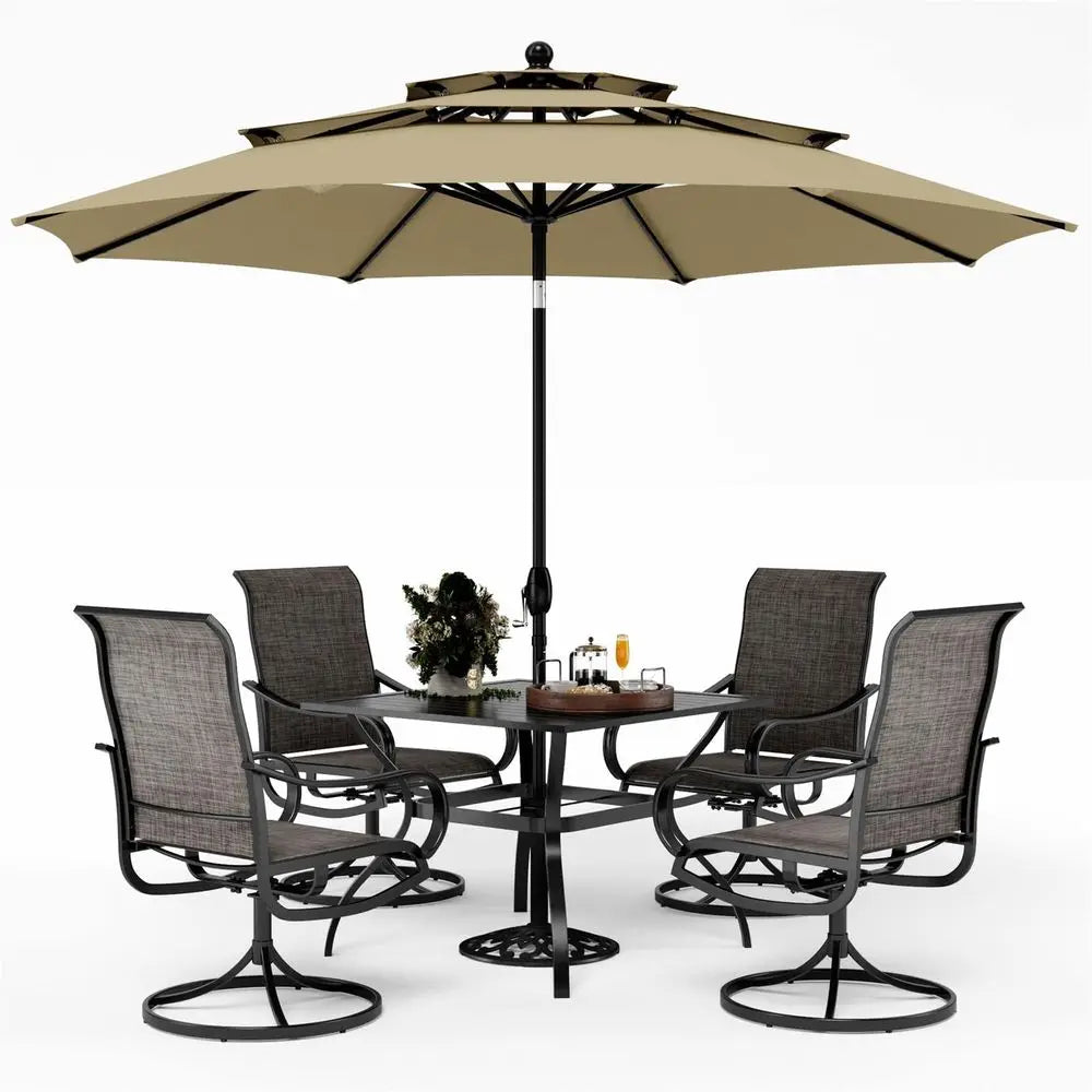Patio Table and Chairs Dining Set with Umbrella for 4, Outdoor Dining Set with 4 Swivel Patio Chairs, 1 Square Metal Dining Tab