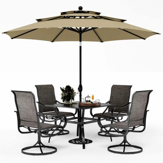 Patio Table and Chairs Dining Set with Umbrella for 4, Outdoor Dining Set with 4 Swivel Patio Chairs, 1 Square Metal Dining Tab