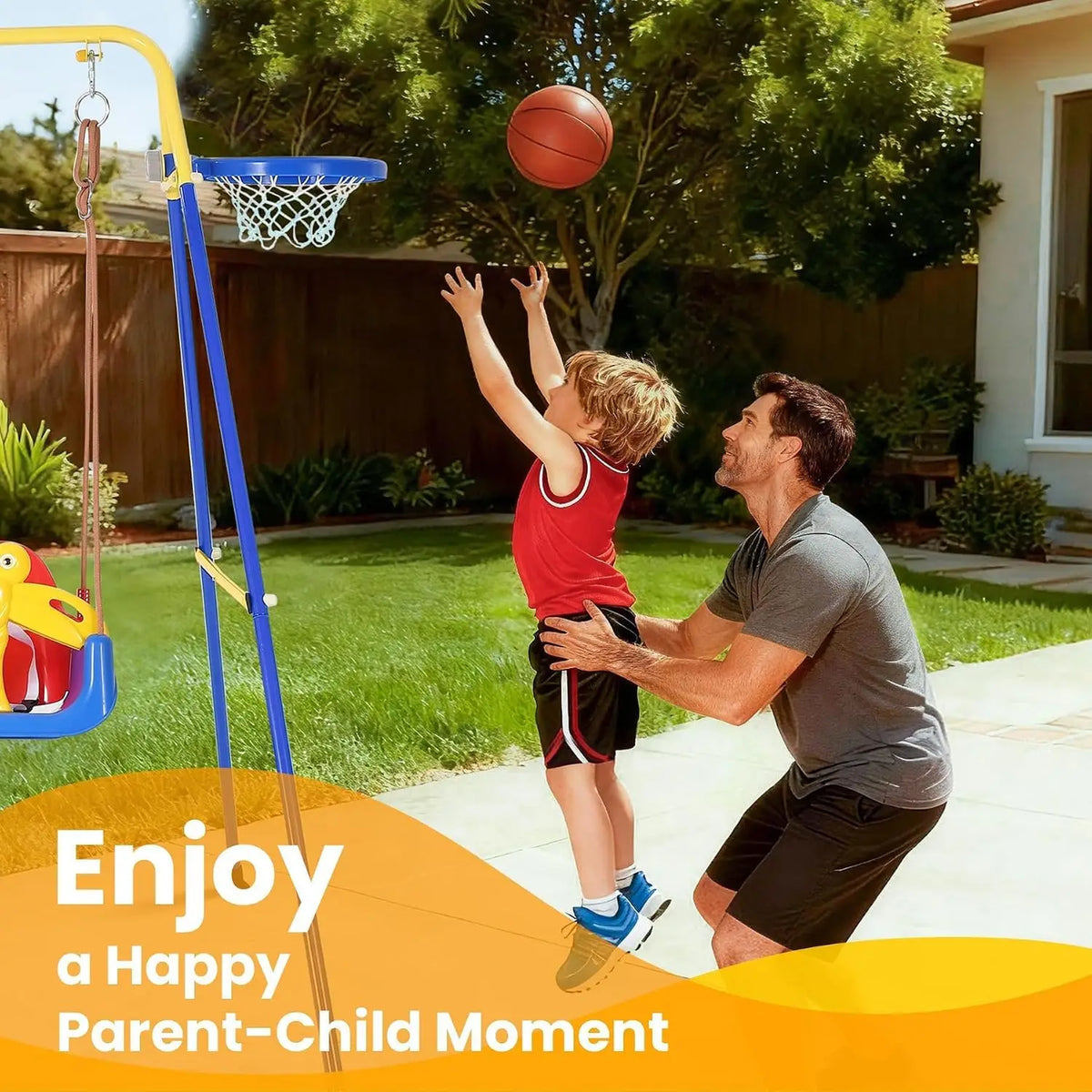 4-in-1 Foldable Toddler Swing Set – Durable Playground Equipment for Backyard or Home, with Basketball Hoop, Portable Outdoor Play Center for Ages 6–36 Months+