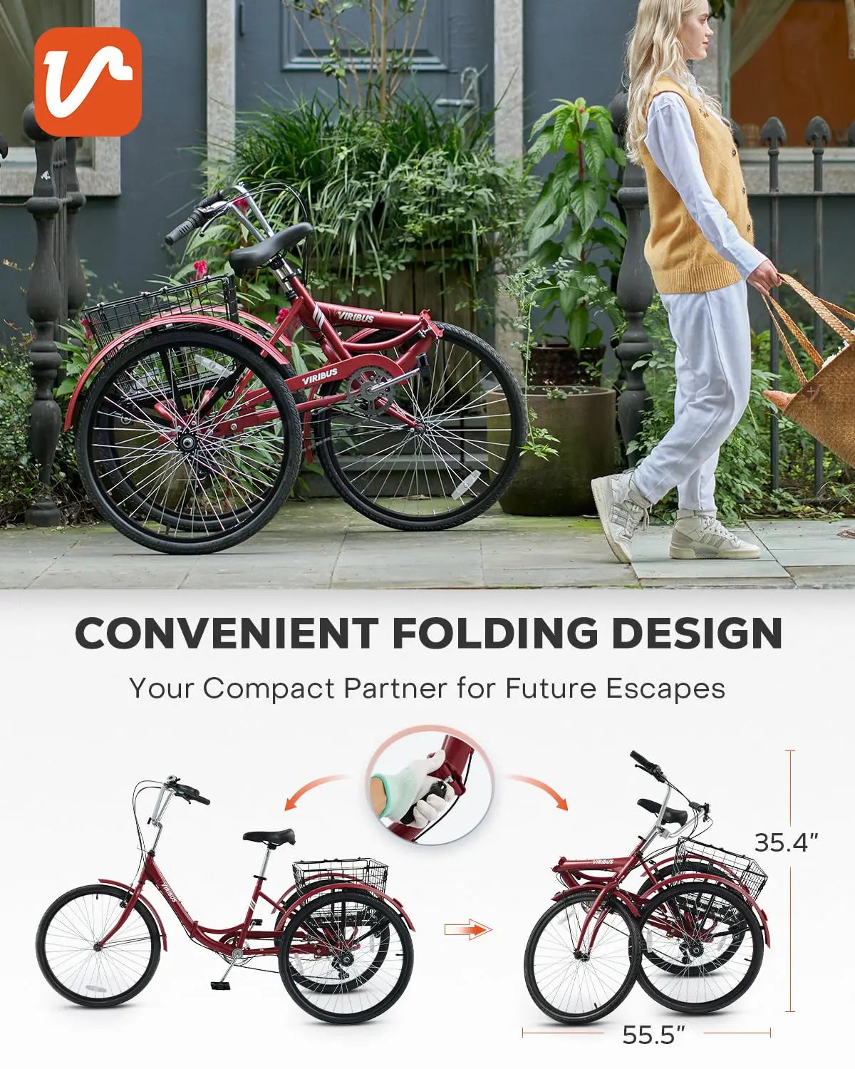 Folding Tricycle for Adults, 7 Speed Foldable Adult Tricycle with Removable Wheeled Basket, Folding 3 Wheel Bikes for, Custom