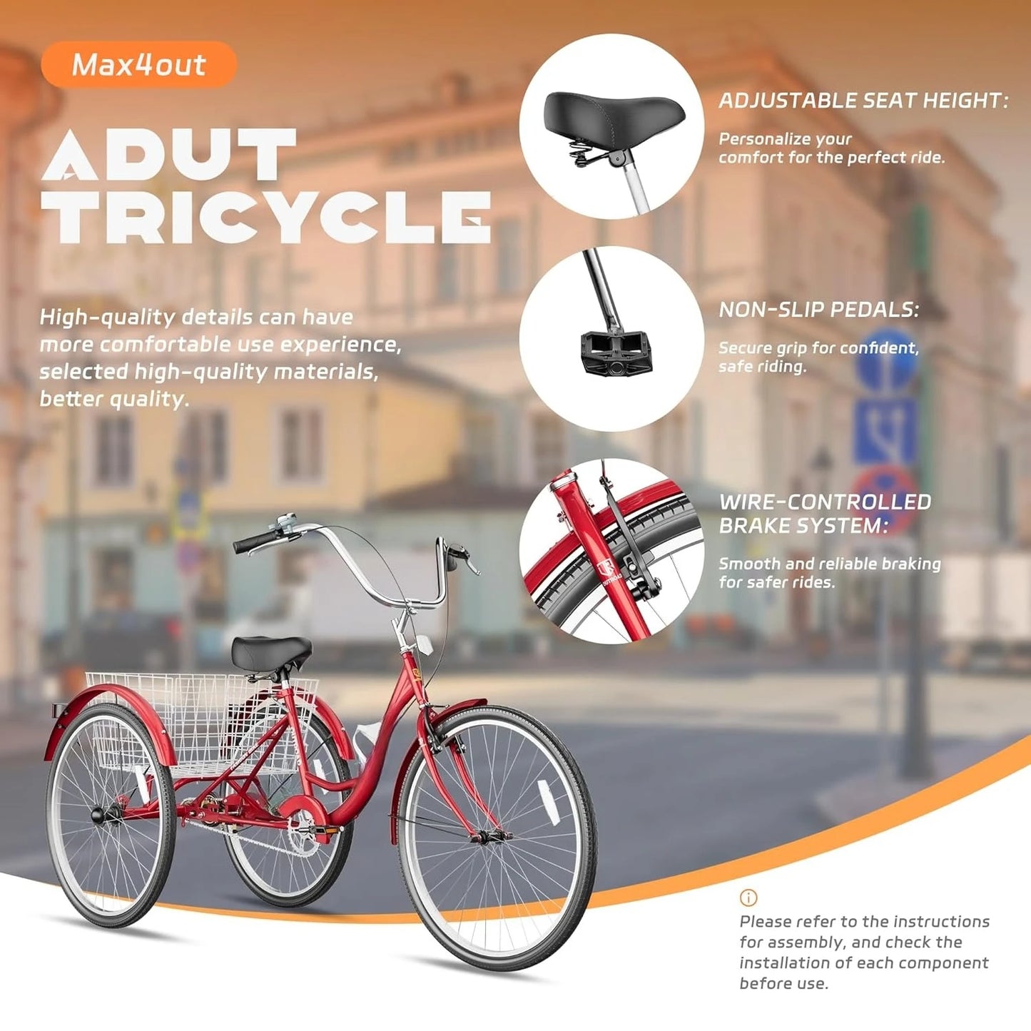Adult Tricycle with Large Basket 24 Inch, Stable 3 Wheel Cruise Bicycle for Shopping, Long delivery time, Customized