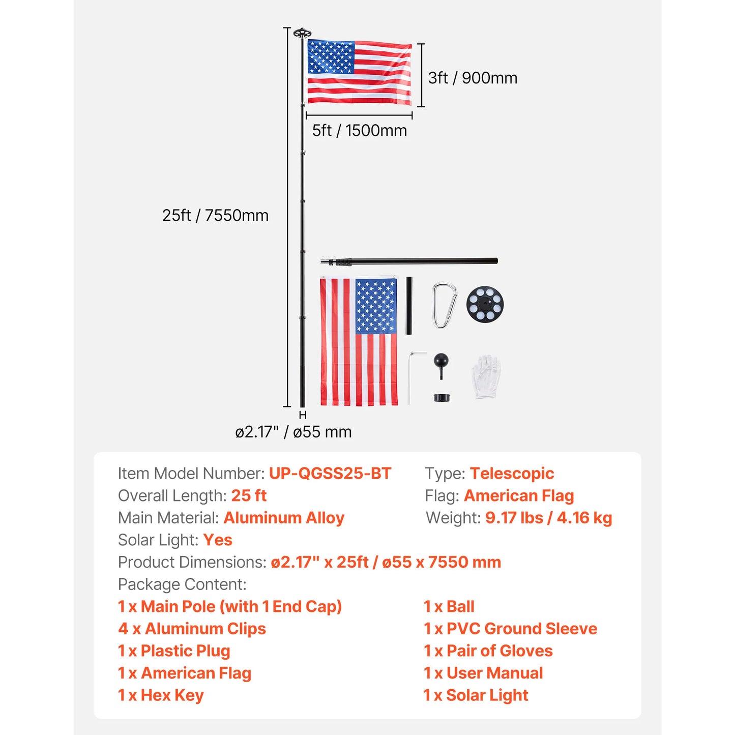 SucceBuy 20ft/25ft Flag Pole with 136 LED Solar Light for Outside House In Ground with 3x5 American Flag for Residential Black